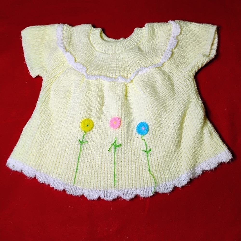 Soft Spun Vintage Girl's Yellow Knit Baby Dress. 12 Mo. Made In Japan C70​​
